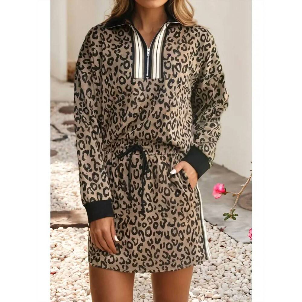 NEW LITTLE DAISY CLOSET leopard zip top and mini skirt set in khaki